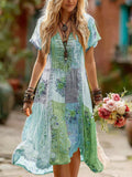 Women's Retro Floral Splicing Cotton And Linen Long Dress 4d1c