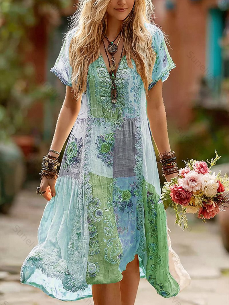 Women's Retro Floral Splicing Cotton And Linen Long Dress 4d1c
