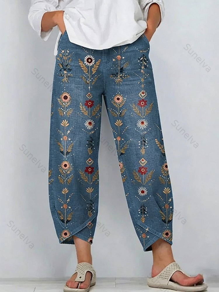 Women's Retro Bohemian Floral Pattern Casual Linen Capri Pants c4cb
