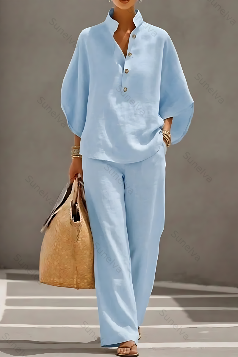 Women’s Batwing Sleeve Linen Cotton Two-Piece Set – Casual Shirt & Wide Leg Pants Outfit 2924
