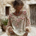 Women's Vintage Rose Embroidery Art Round Neck Long Sleeve Linen Blend T-shirt 33ff