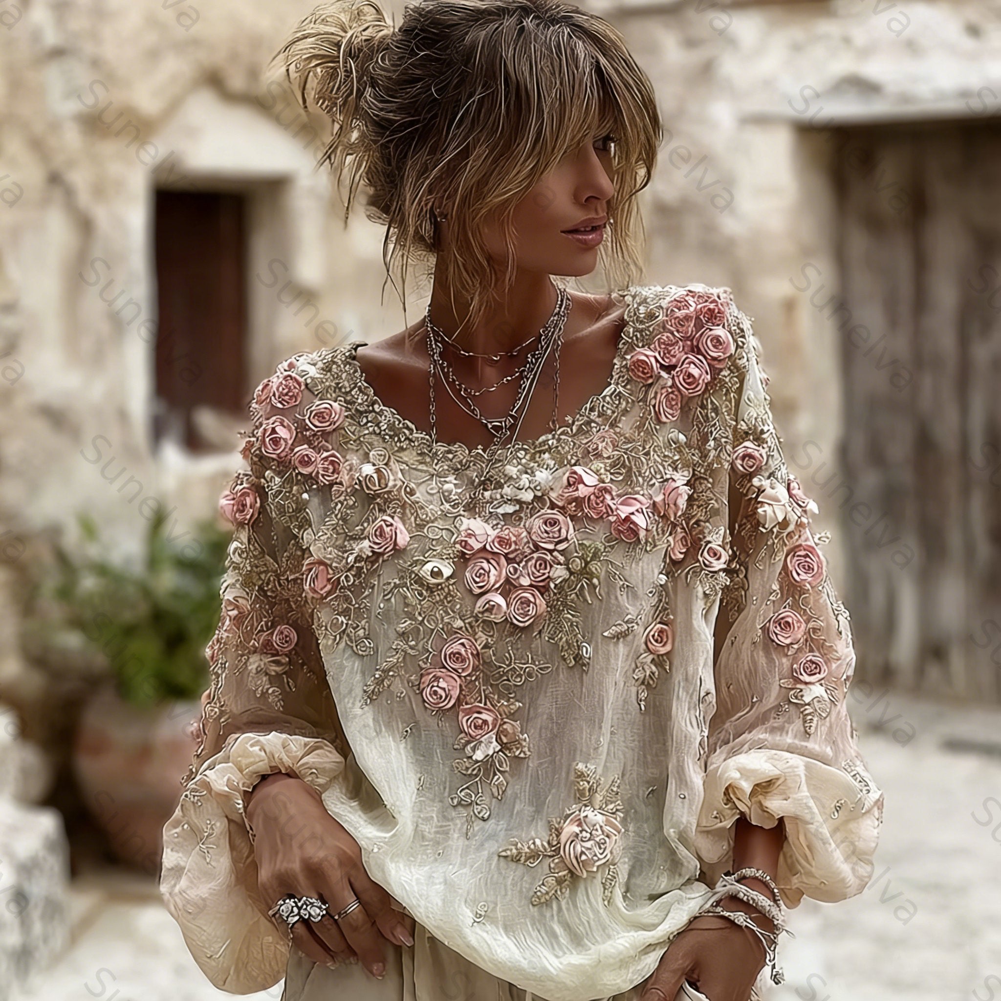 Women's Vintage Rose Embroidery Art Round Neck Long Sleeve Linen Blend T-shirt 33ff
