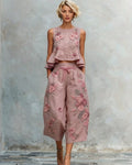 Women's Summer Resort Floral Embroidered Linen Sleeveless Top & Pants Two-Piece Set 3996