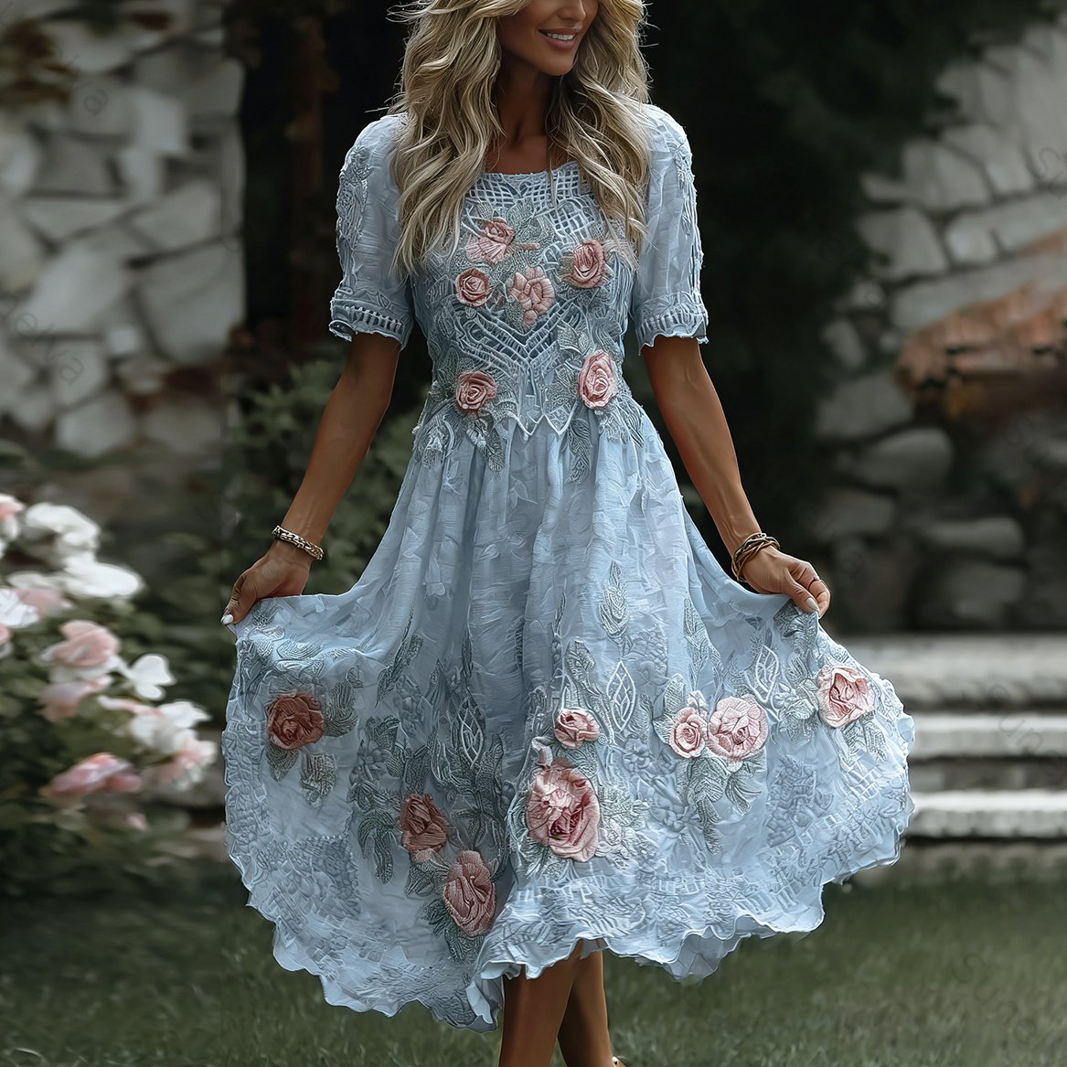 Women's Floral Art Print Flowy Linen Blend Casual Short Sleeve Maxi Dress dd62
