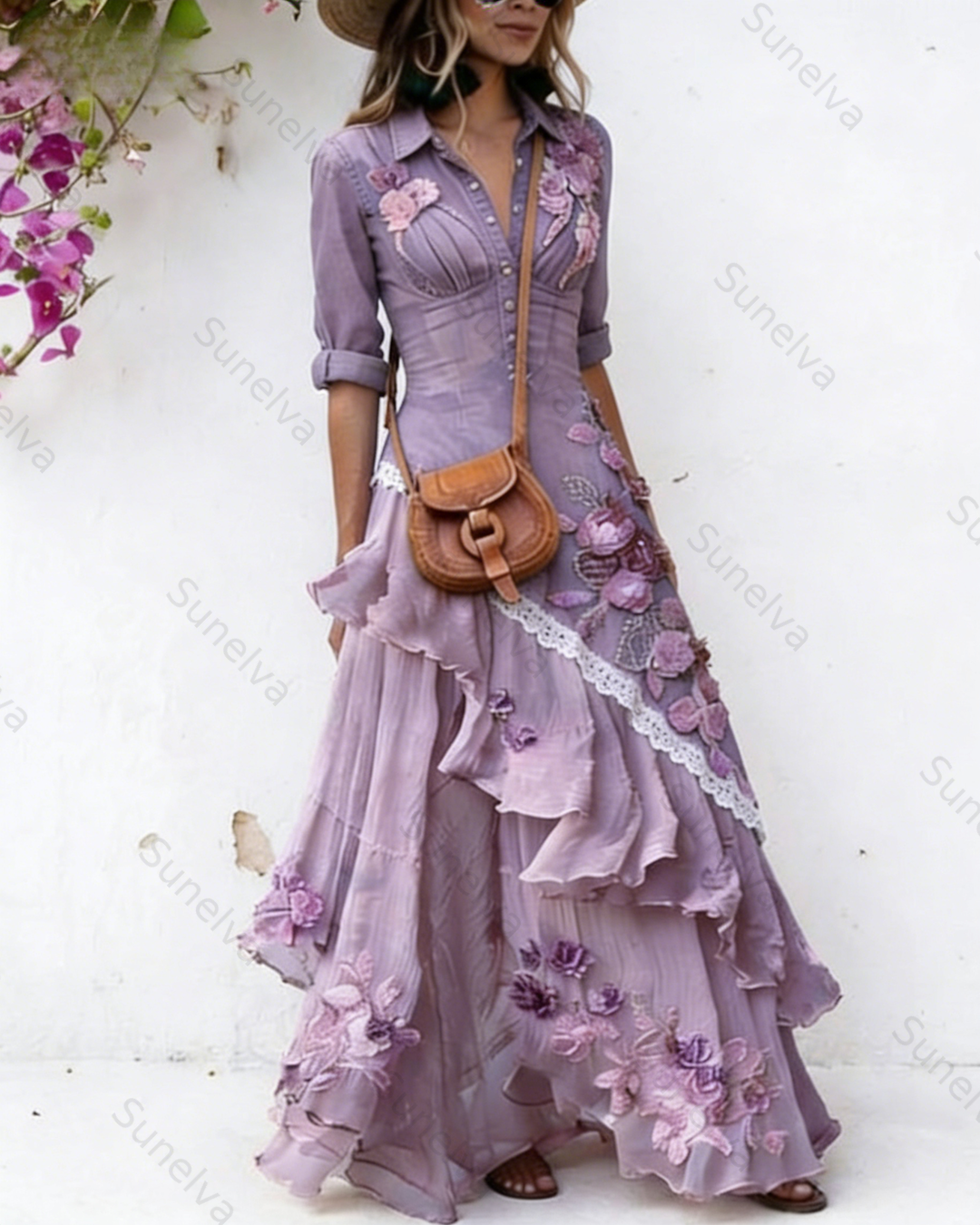 Women's Vacation Irregular Ruffle Flowers Embroidery Dress 4750