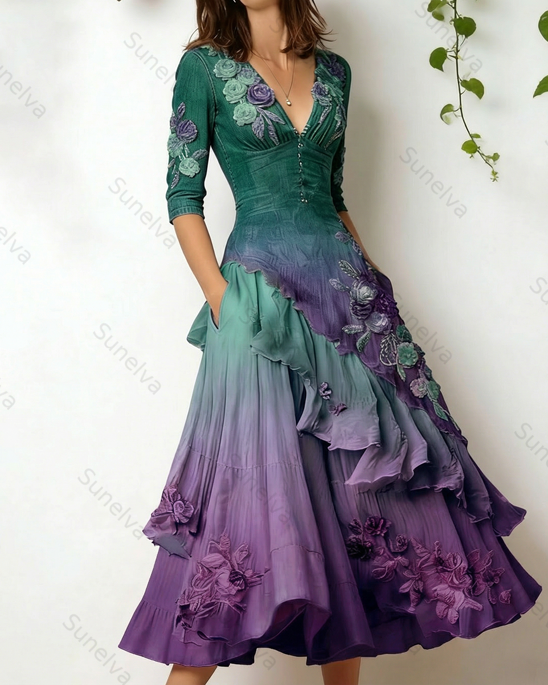 Women's Elegant Flowers Embroidery Irregular Ruffle Linen Patchwork Dress 1865