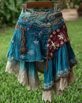 Spring/Summer cotton and linen blend color-blocked short skirt+top set 2370