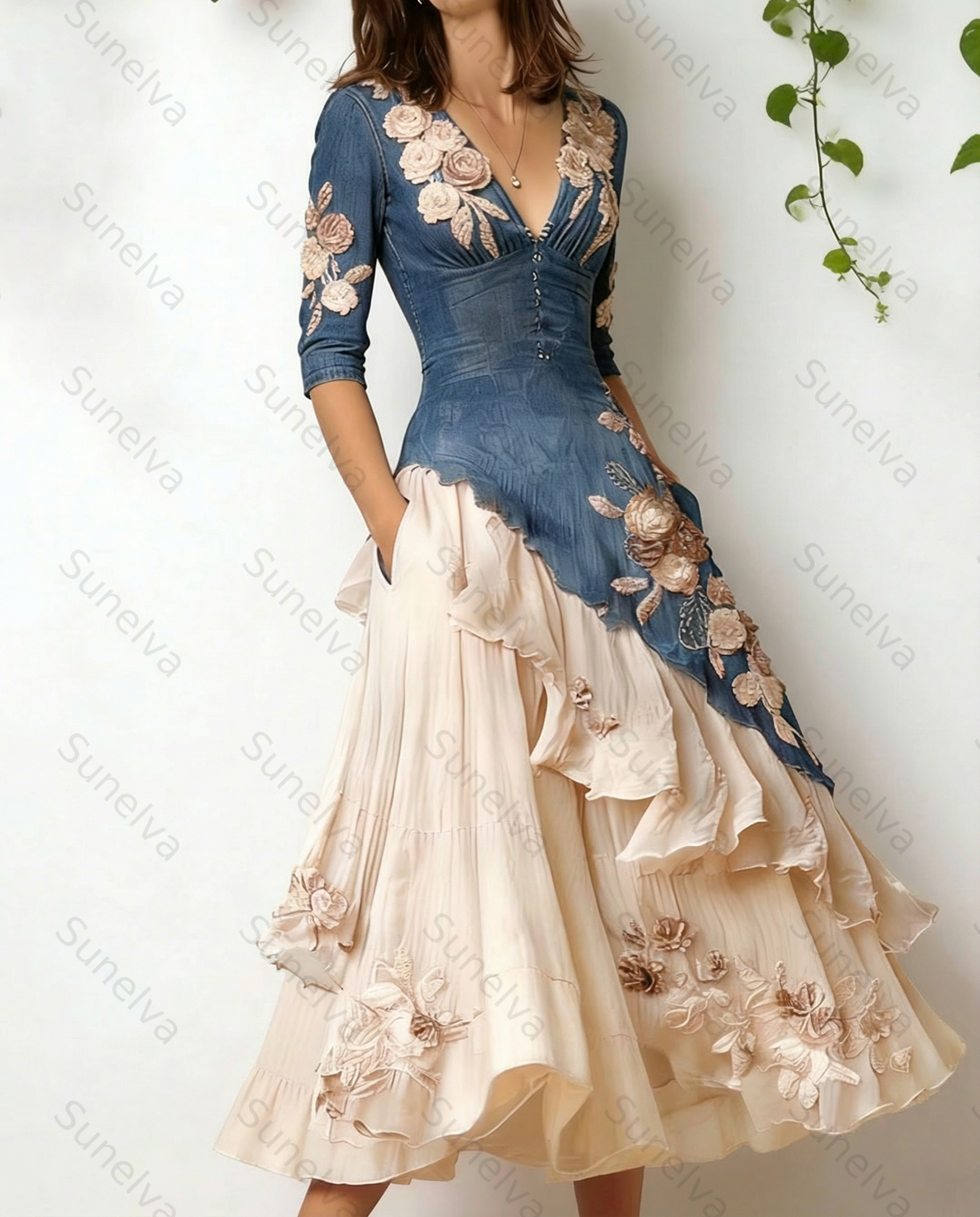Women's Elegant Flowers Embroidery Irregular Ruffle Linen Patchwork Dress 1865