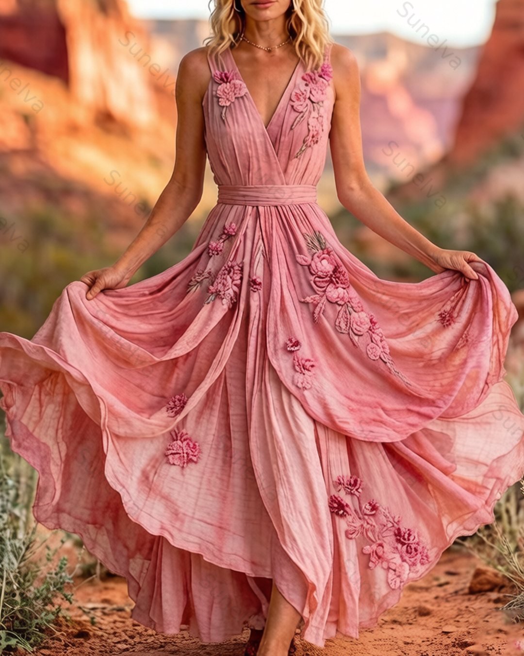 Women's Summer Floral Embroidered Full Skirt Dress 8216