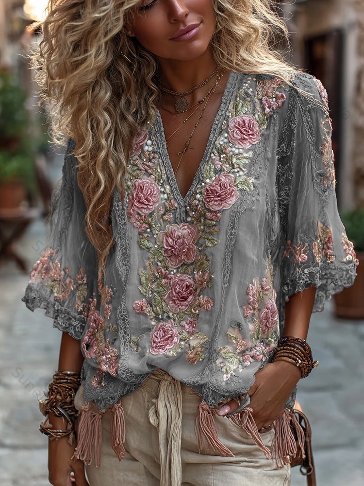 Women's Vintage Rose Embroidery Art Comfy Linen Shirts a266