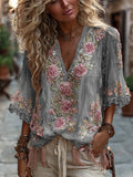 Women's Vintage Rose Embroidery Art Comfy Linen Shirts a266