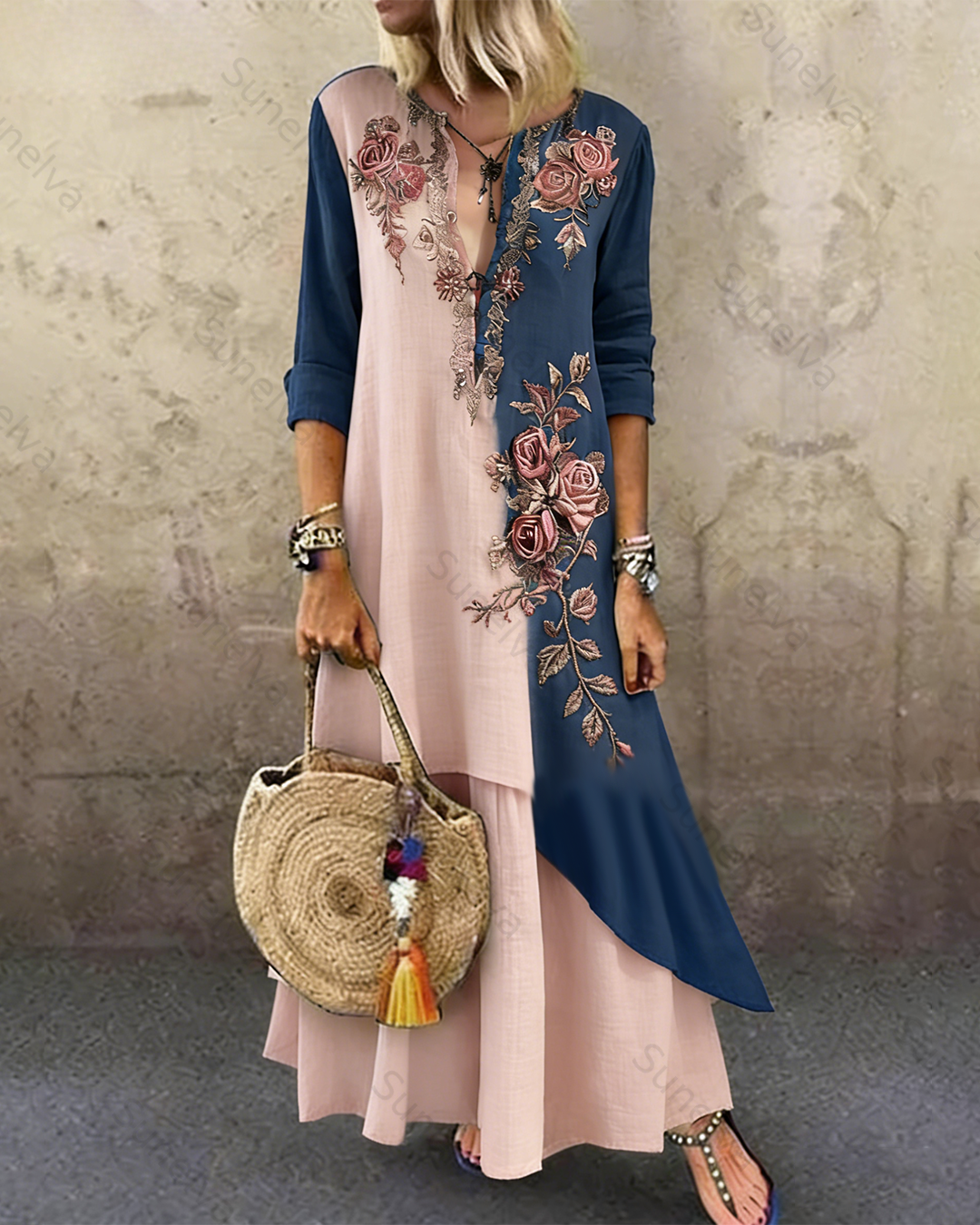 Women's Spring Elegant Floral Embroidery Color-Blocked Linen Dress 5775