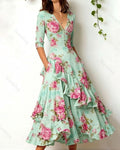Women's elegant irregular ruffled linen patchwork dress 5964