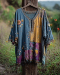 Spring/Summer Color Block Denim Cotton Linen Embroidered Top2953