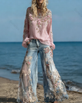 Women's Spring Resort Floral Embroidered Top & Pants Two-Piece Set2901