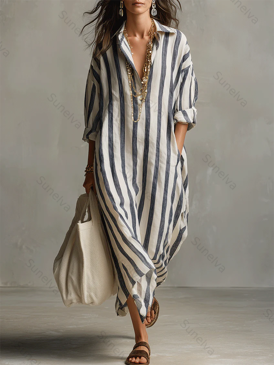 Casual And Cozy Striped Linen-cotton Dress 587b