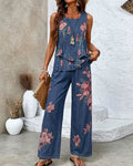 Women's Summer Resort Floral Embroidered Linen Sleeveless Top & Pants Two-Piece Set 1308