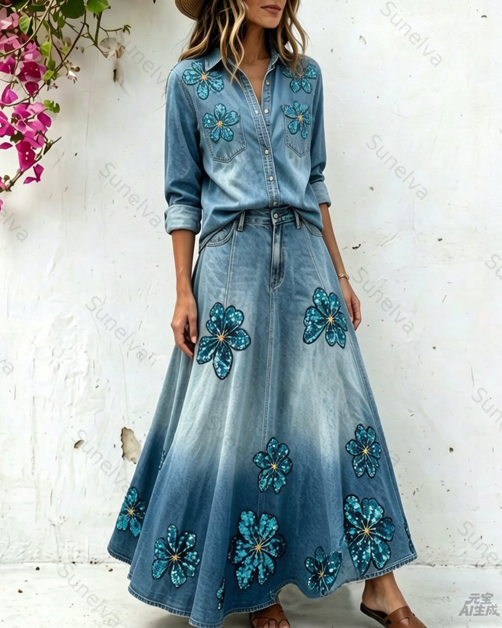 Women's Summer Floral Embroidered Washed Denim Shirt & Skirt Two-Piece Set 9076