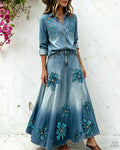 Women's Summer Floral Embroidered Washed Denim Shirt & Skirt Two-Piece Set 9076