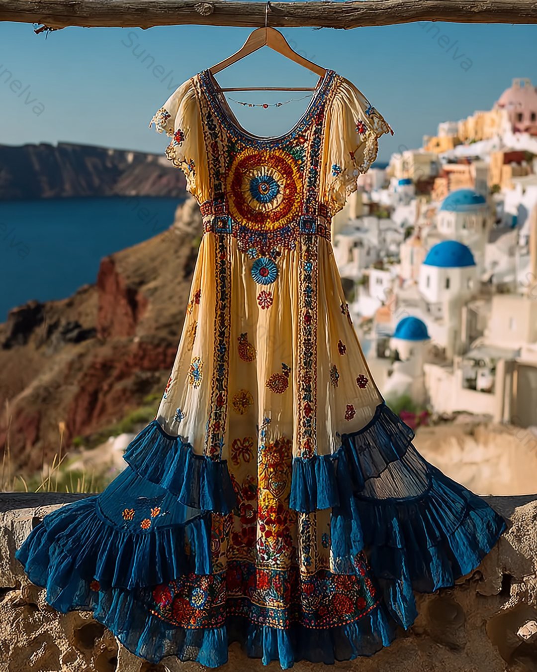 Women's Summer Flowers Embroidery Irregular Ruffle Linen Patchwork Dress 9075