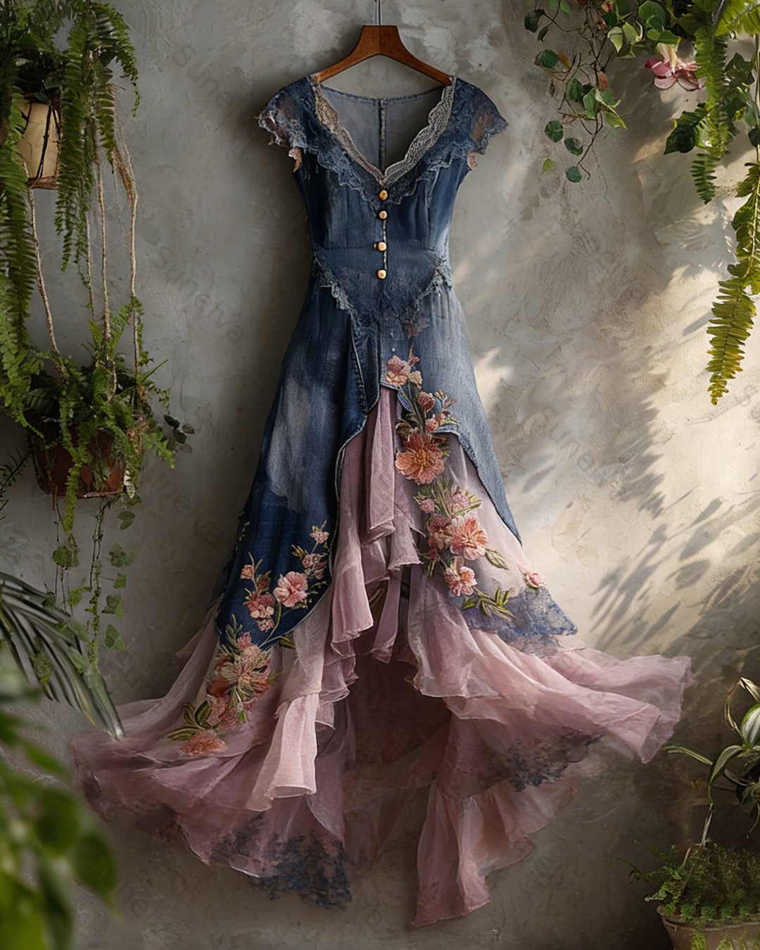 Women's elegant floral embroidered irregular ruffle patchwork dress 5789