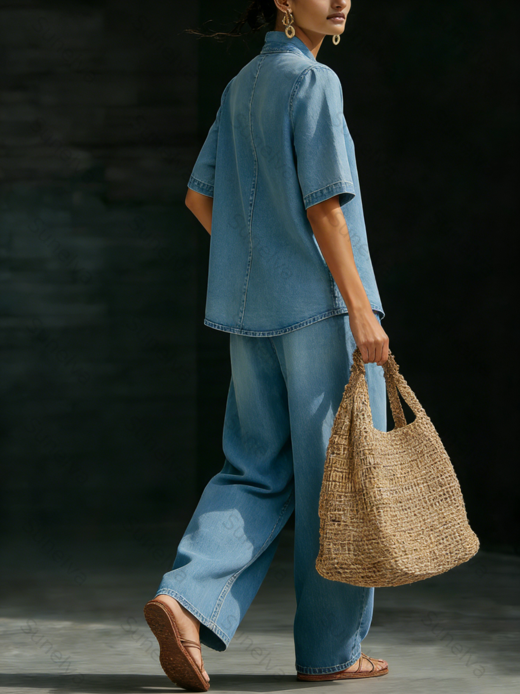 Minimalist Cozy Short-sleeved Top Wide-leg Jeans Denim Set 45ac