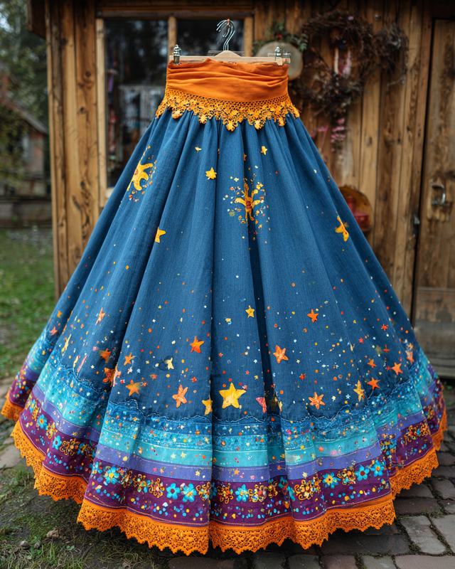Spring/Summer Color Block Denim Cotton Linen Embroidered Midi Skirt9920
