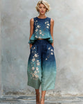 Women's Summer Floral Embroidered Linen Sleeveless Top & Pants Two-Piece Set 8224