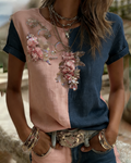 Women's Spring Elegant Floral Embroidery Color-Blocked Linen Short-Sleeve Top 4988