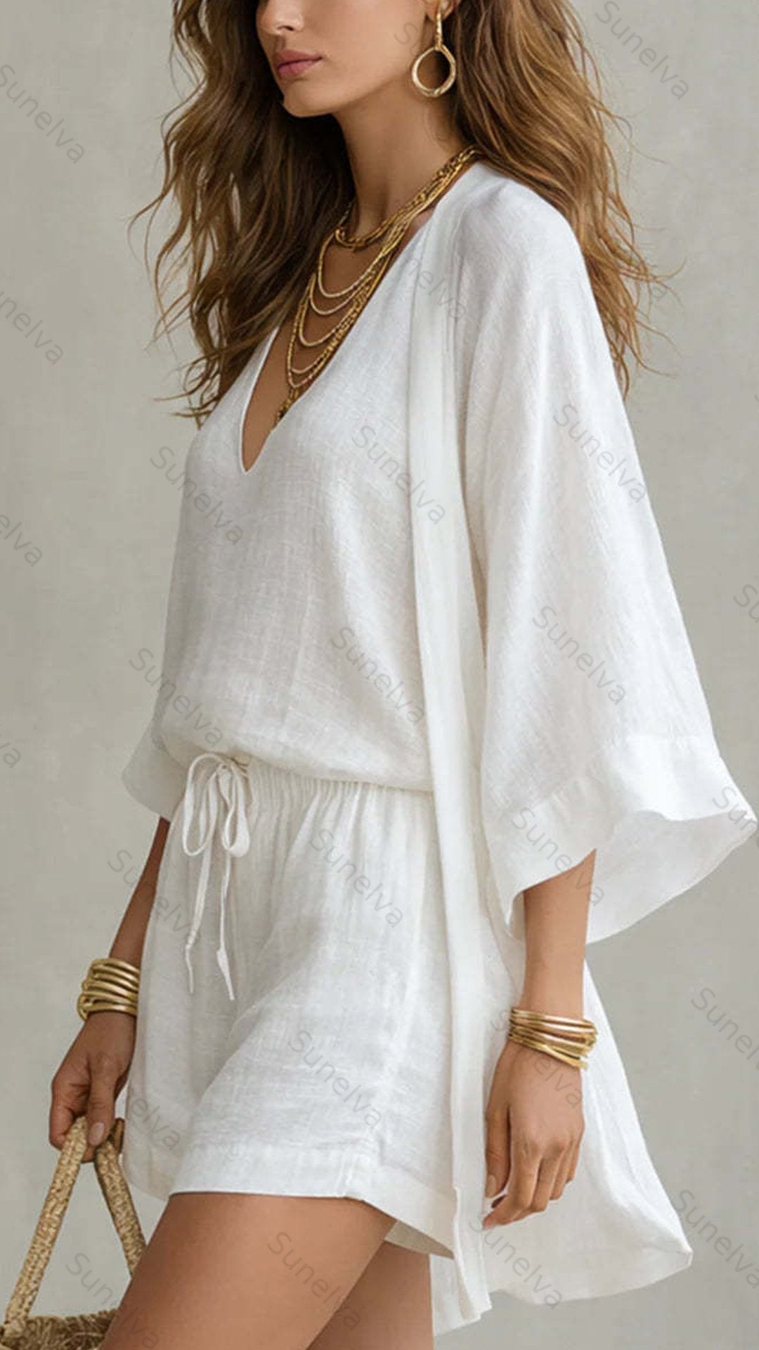 Women's  Linen-Blend Three-Piece Set (Kimono + Tank + Shorts) 2c34