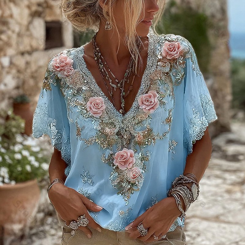 Women's Pink Roses Embroidered Art V-neck Short Sleeve Linen Blend T-shirt 4f5a