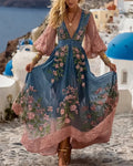 Women's Vacation Flowers Embroidery Linen Patchwork Dress 5394