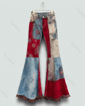 Spring/Summer Color-Blocked Denim Linen Embroidered Trousers3801