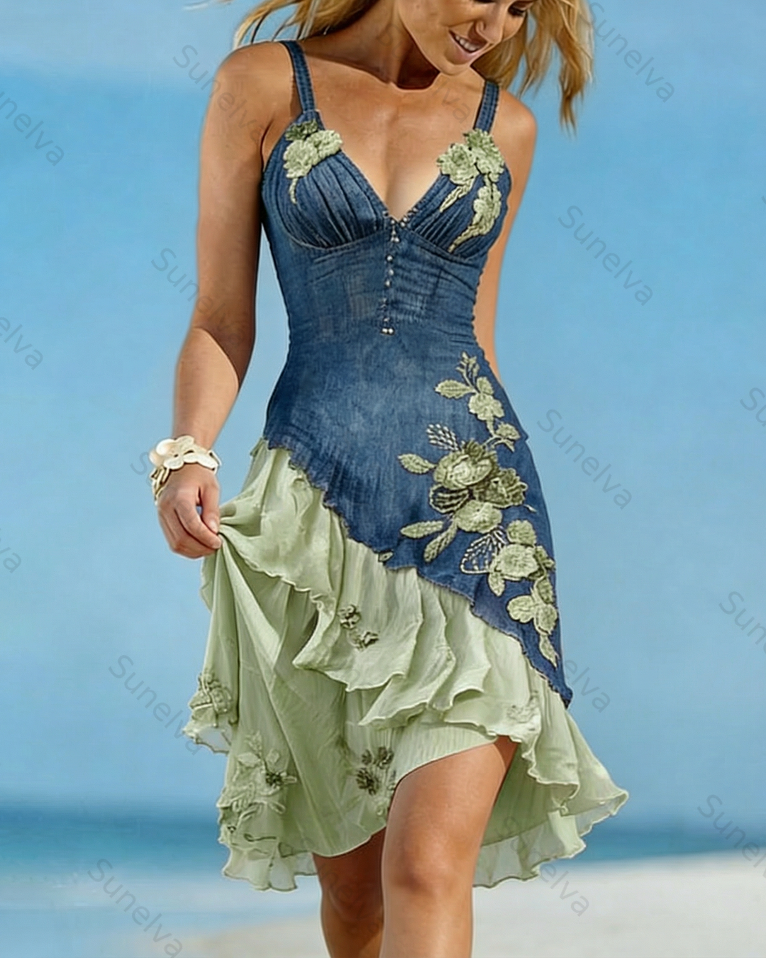 Women's Summer Flowers Embroidery Irregular Ruffle Linen Patchwork Dress 1291