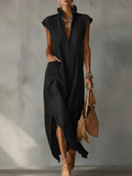 Women’s Ruffle Collar Cotton Linen Midi Dress – Elegant Summer Dress 5a17