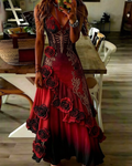 Women's vintage elegant red Friday red rose embroidered ruffled patchwork linen dress  3572