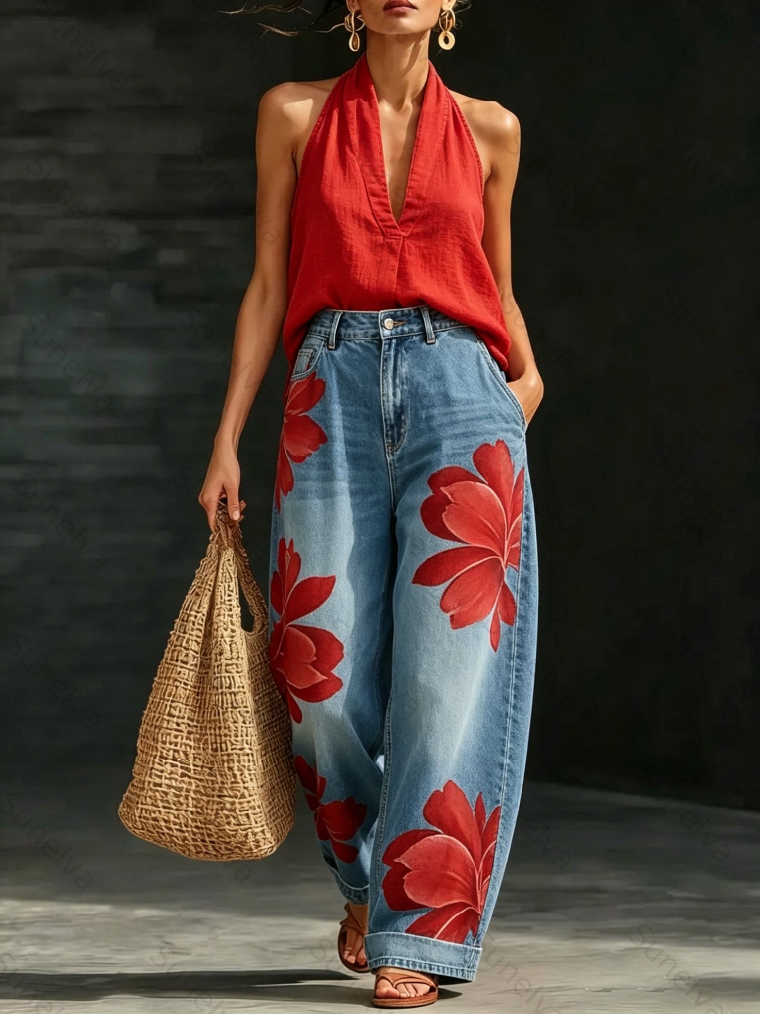 Women's Loose-Fit Shirt & Washed Jeans Two-Piece Set 5571