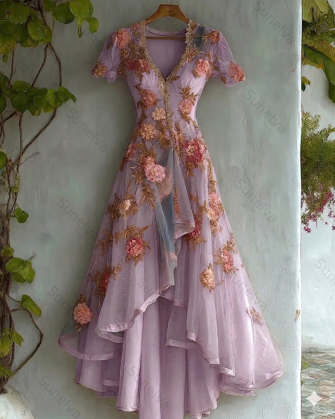 Women's Retro Elegant Gradient Flowers Irregular Ruffle Linen Dress