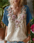 Women's Summer Fashion: Color-Blocked Floral Embroidered Linen Short-Sleeve Top 3593
