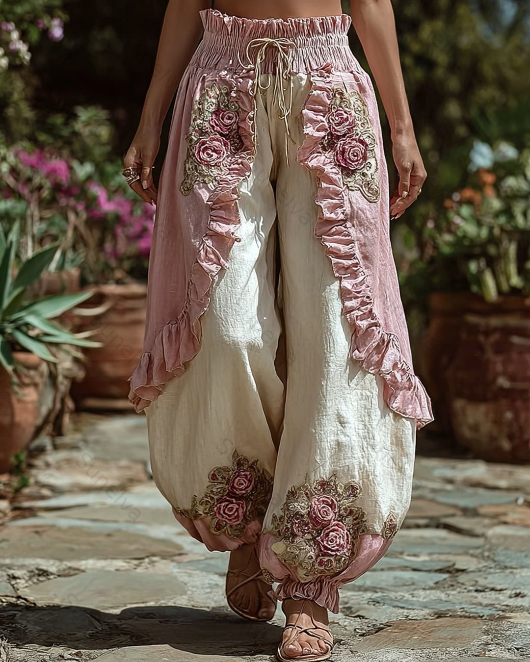 Women's Summer Fashion: Color-Blocked Floral-Embroidered Linen Trousers 7876