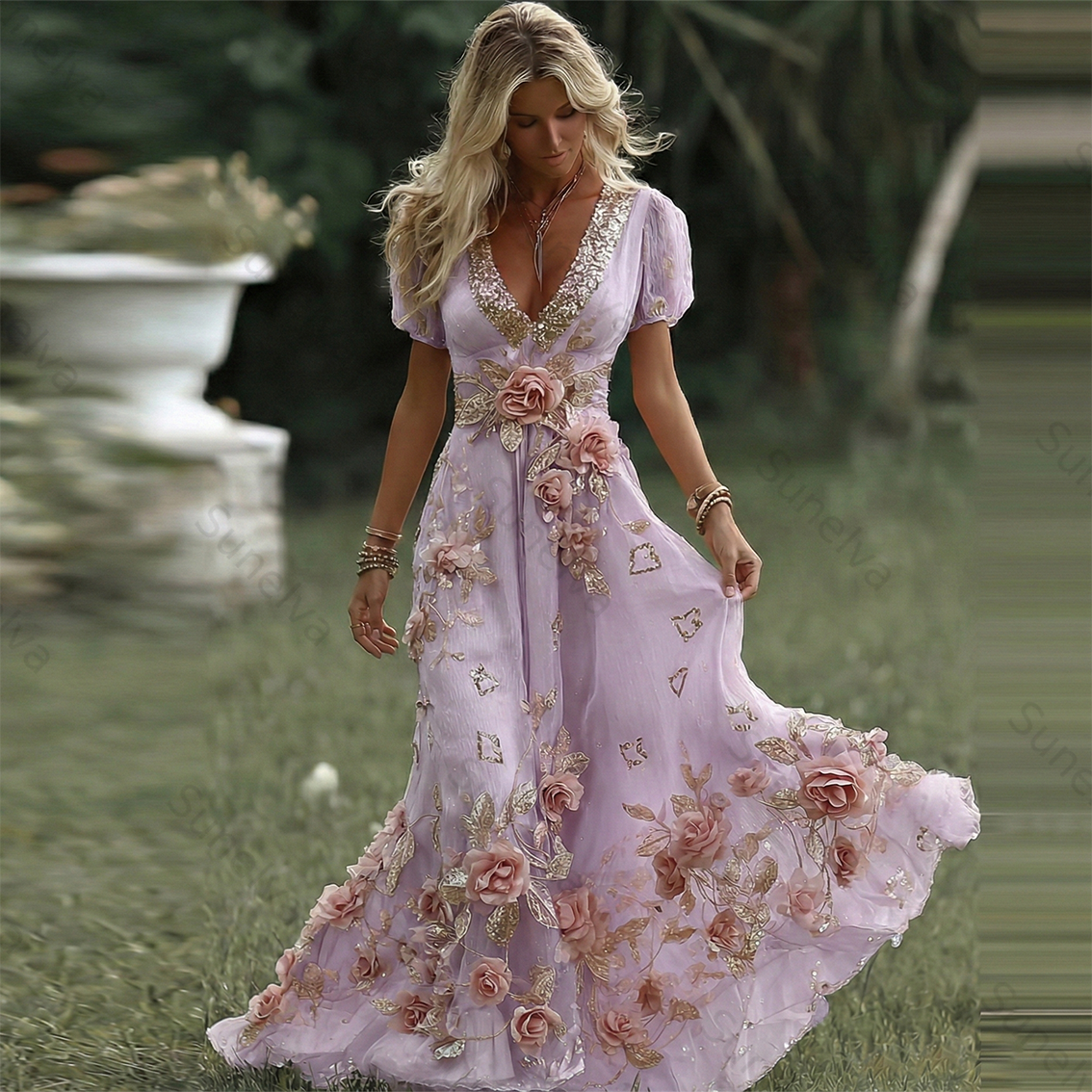 Women's Vintage Pink Rose Embroidered Art Pattern V-neck Short Sleeve Midi Dress 3c98