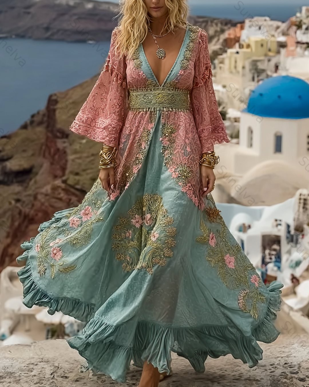 Women's Vacation Flowers Embroidery Linen Patchwork Dress 1360