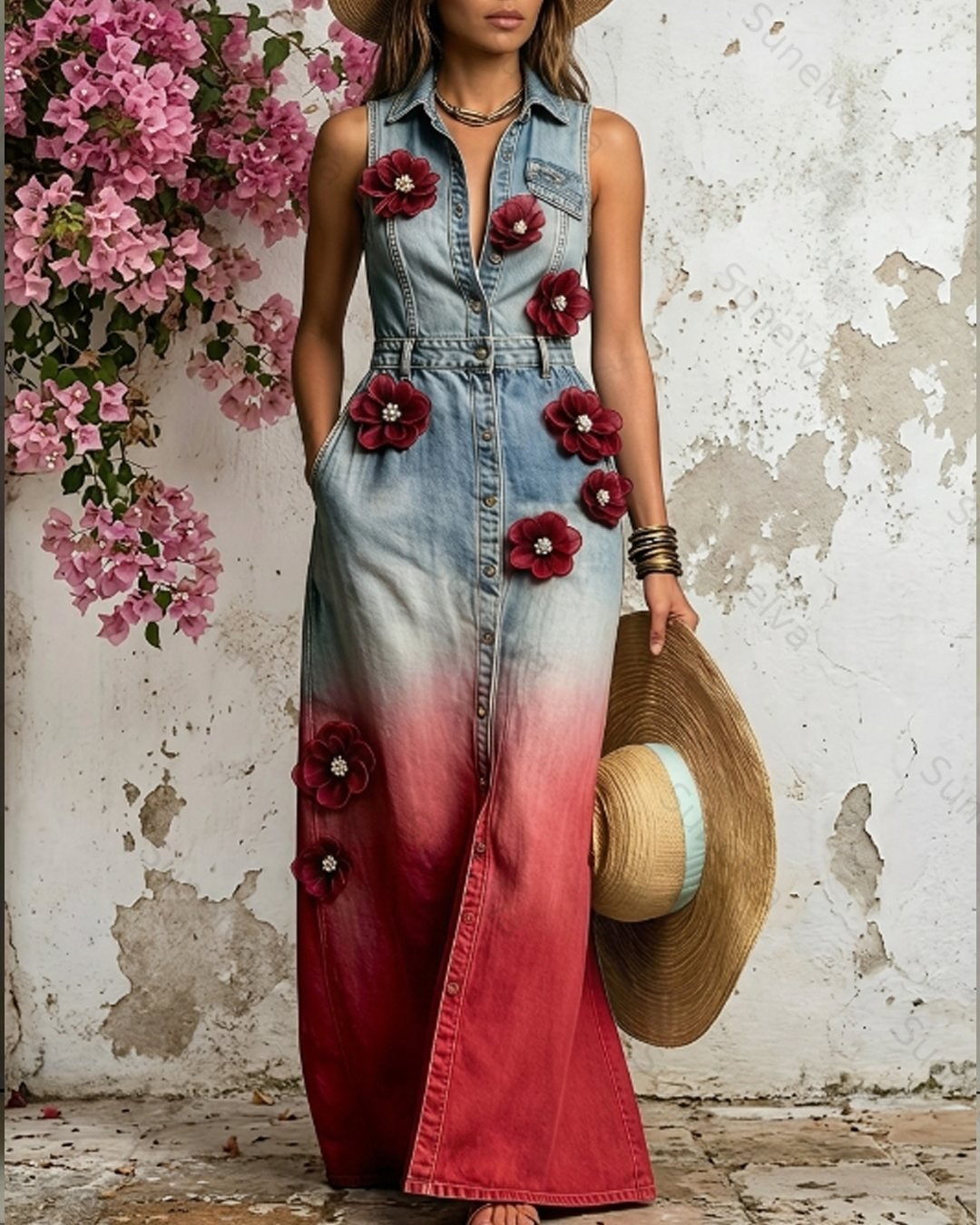 Women's Summer 3D Floral Embroidery Washed Denim shirt dress 4267