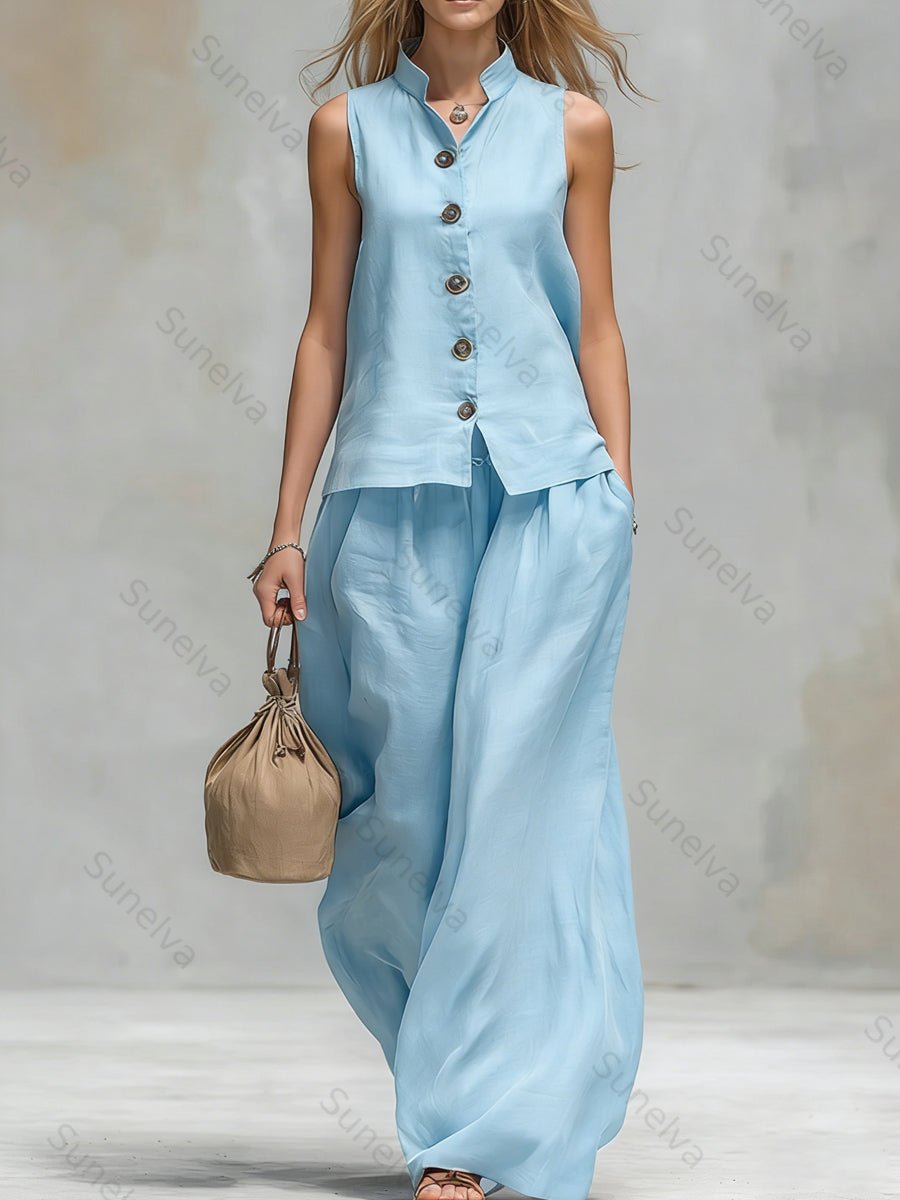 Comfortable And Casual V-neck Sleeveless Button-down Top And Trousers Set 7662