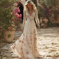Vintage Boho Roses Embroidered Flowy Linen Maxi Dress 48fe