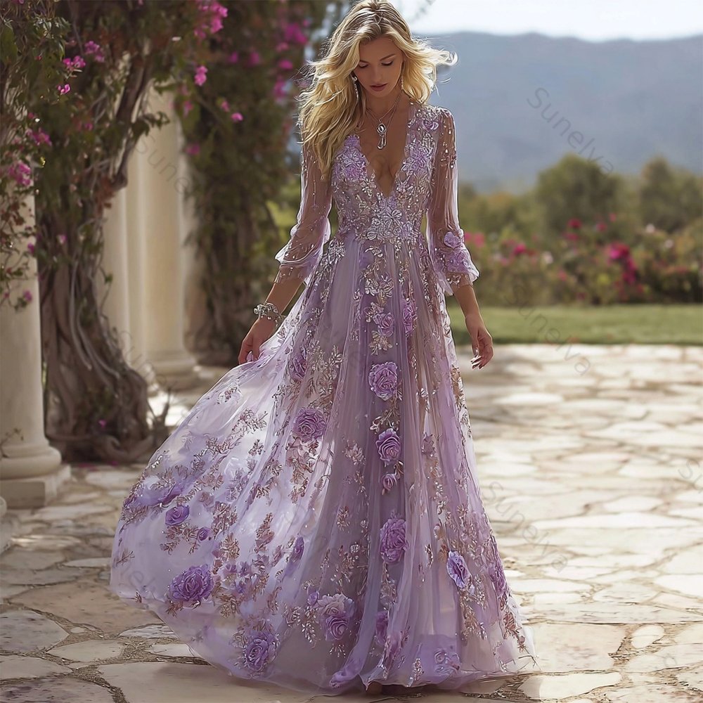 Glitter Boho Purple Roses Embroidered Flowy Maxi Dress dc14