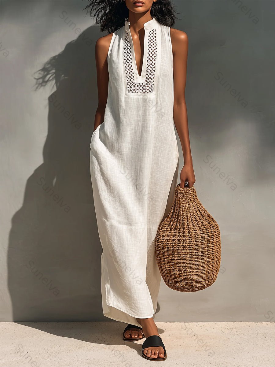 Women's Minimalist Sleeveless Maxi Dress With Cutout Neckline 7775