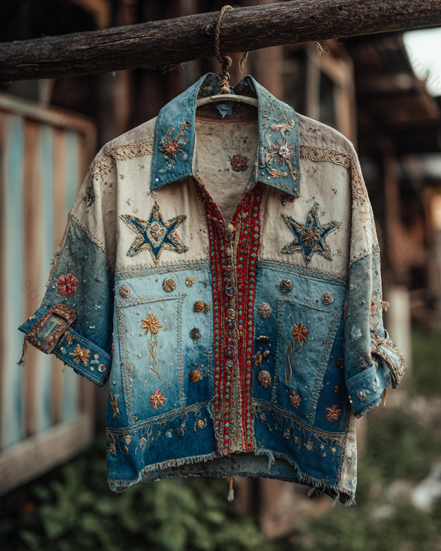 Spring/Summer Bohemian Style Color-Blocked Denim Linen Top7612