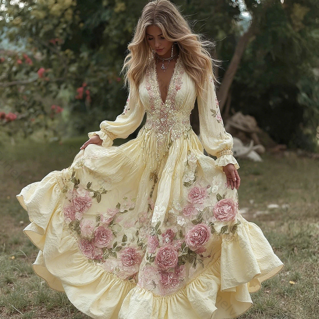 Comstylish Women's Vintage Roses Embroidery Art V-neck Long Sleeves Maxi Dress fb60