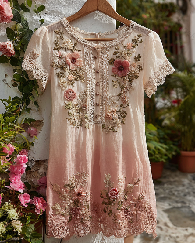 Women's Elegant Gradient Flowers Irregular Ruffle Linen Blouse 6534